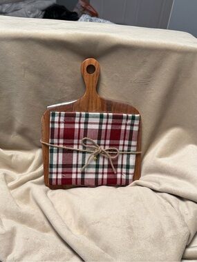 Gift Set - Wood Handle Cutting Board with Red & Green Plaid Towel
